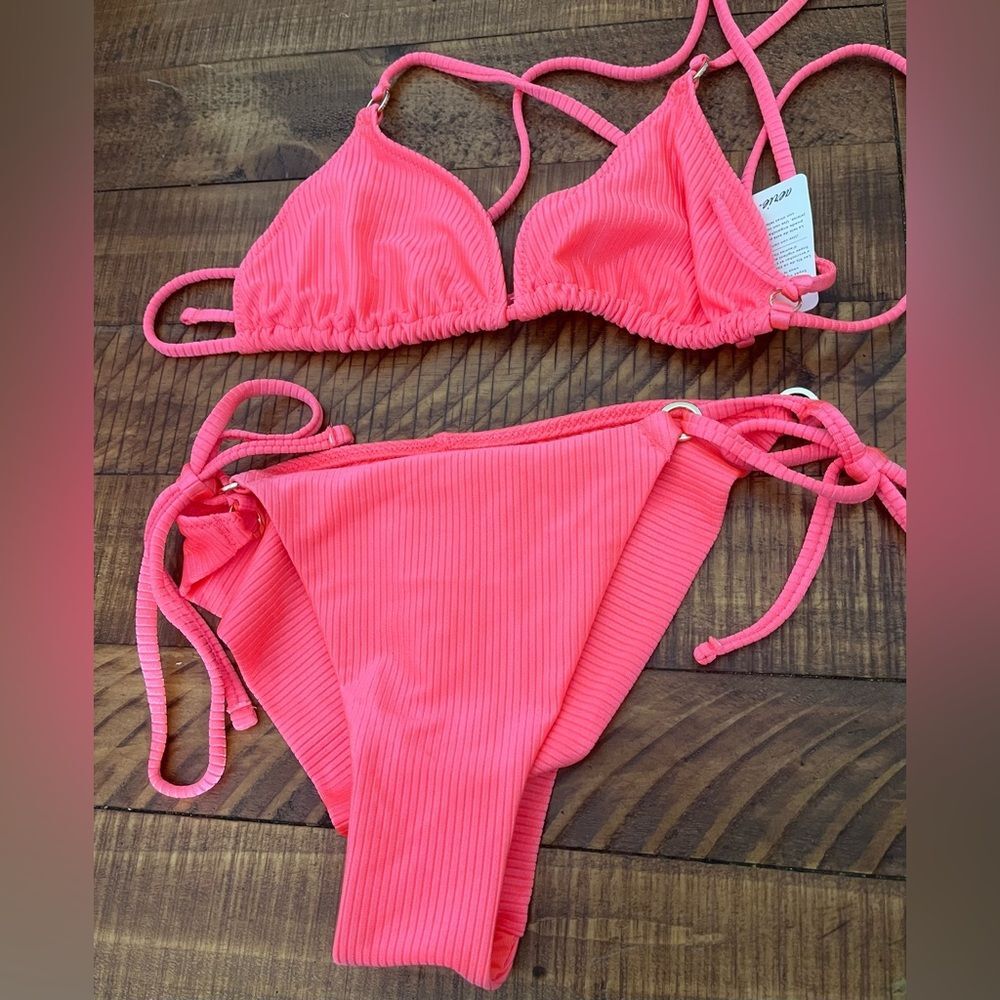 NWT Aerie FULL SET Shine Rib String Triangle Top + Cheekiest Tie Bottom Neon - S
